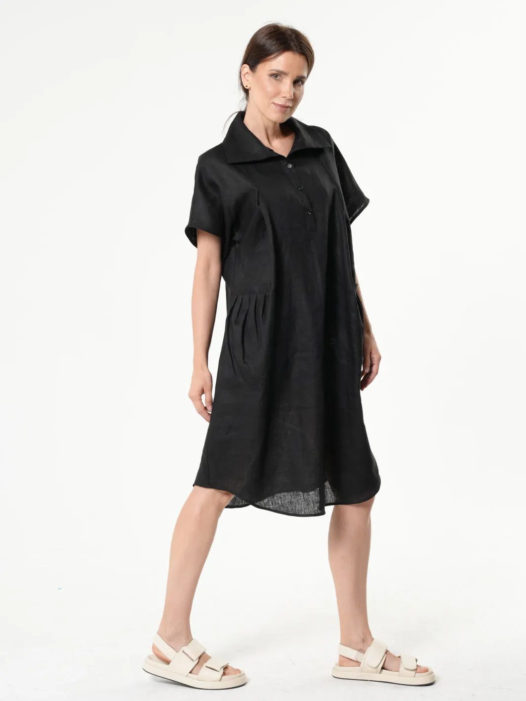 Midi Linen Dress With Side Pockets In Black