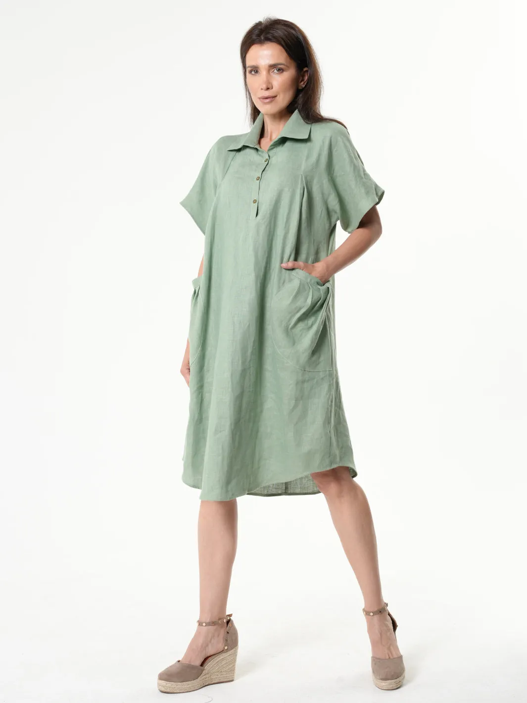 Midi Linen Dress With Side Pockets In Black