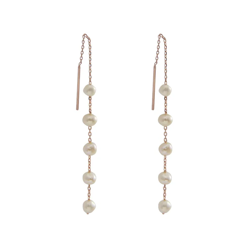 Mini Pearls Sterling Silver Rose Gold Pull-Thru Chain Earrings