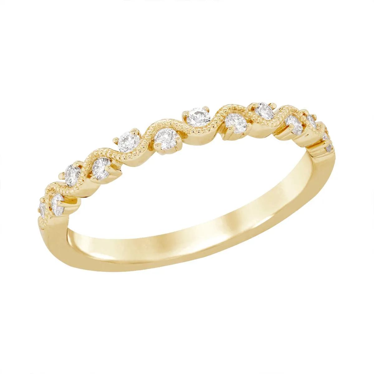 MODERN YELLOW GOLD WEDDING BAND WITH MILGRAIN TEXTURING AND DIAMONDS, .20 CT TW