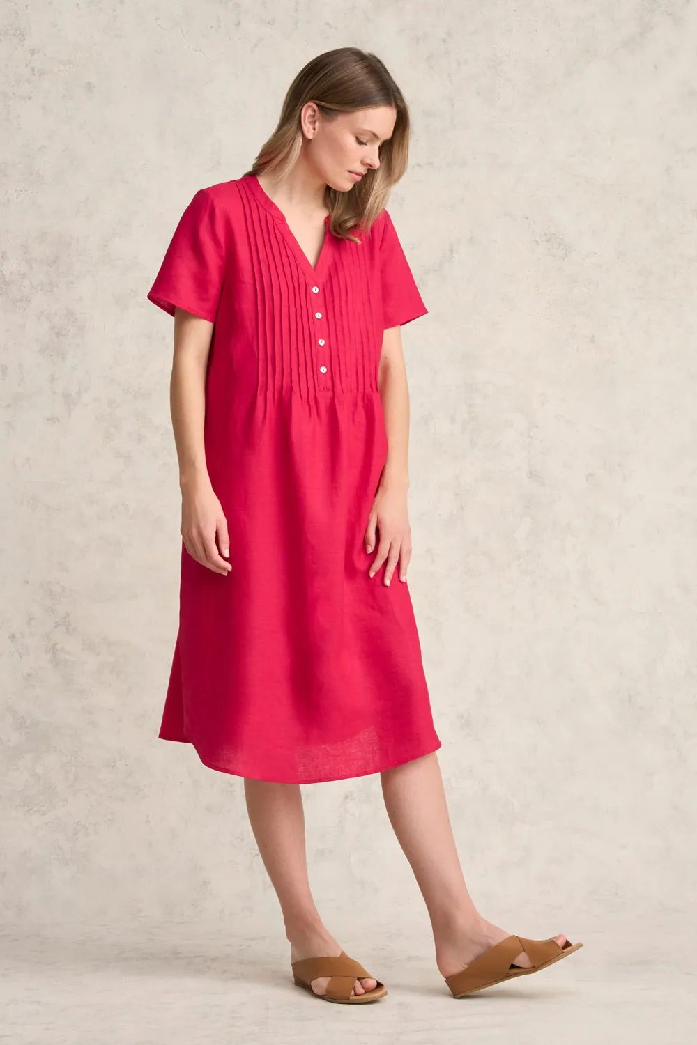 Pleated Front French Linen Dress - Rouge