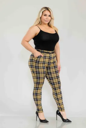 Plus Size Sculpting Treggings With Faux Leather Belt - Black, Yellow Plaid