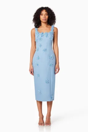 Prague 3D Floral Midi Dress In Blue