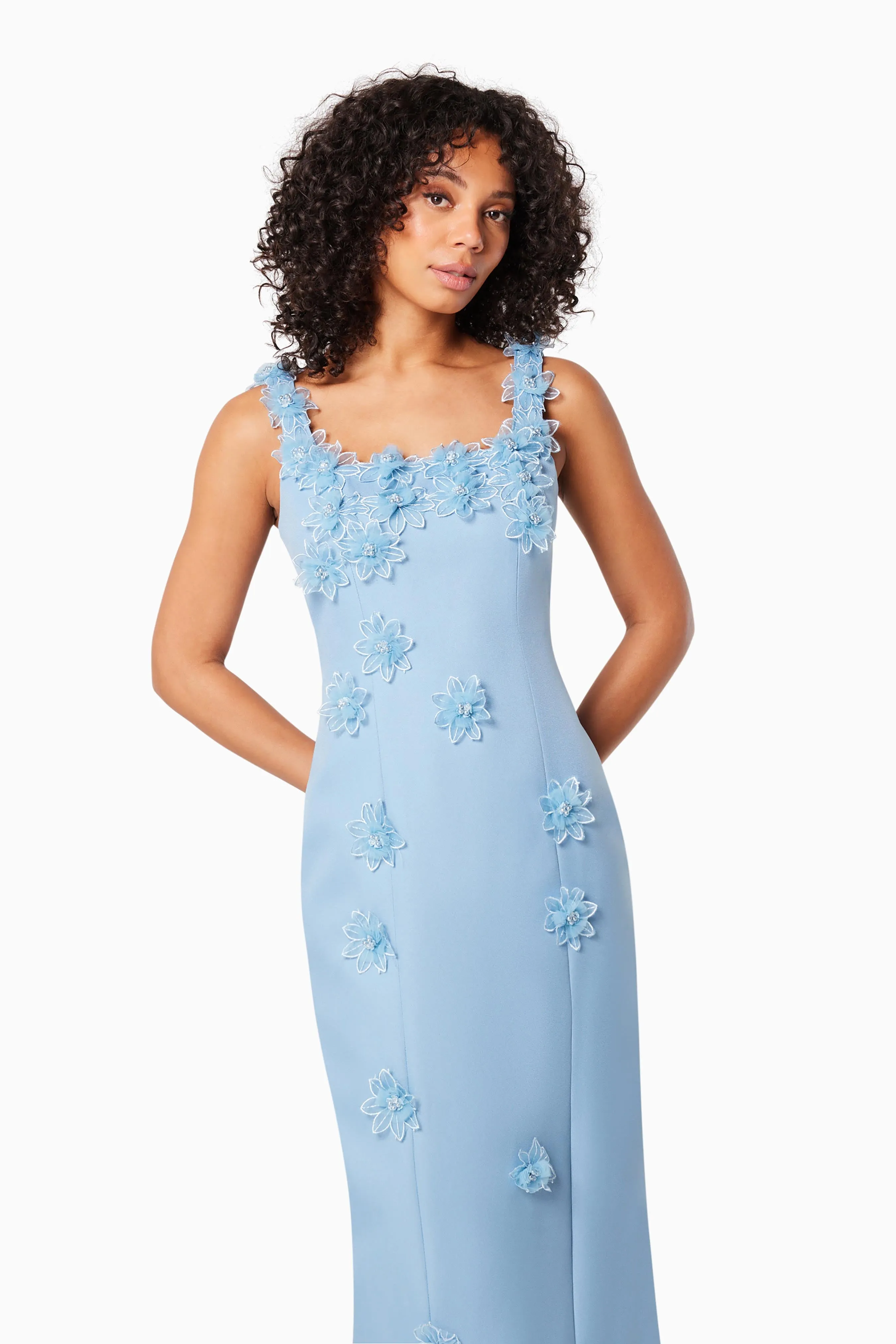 Prague 3D Floral Midi Dress In Blue