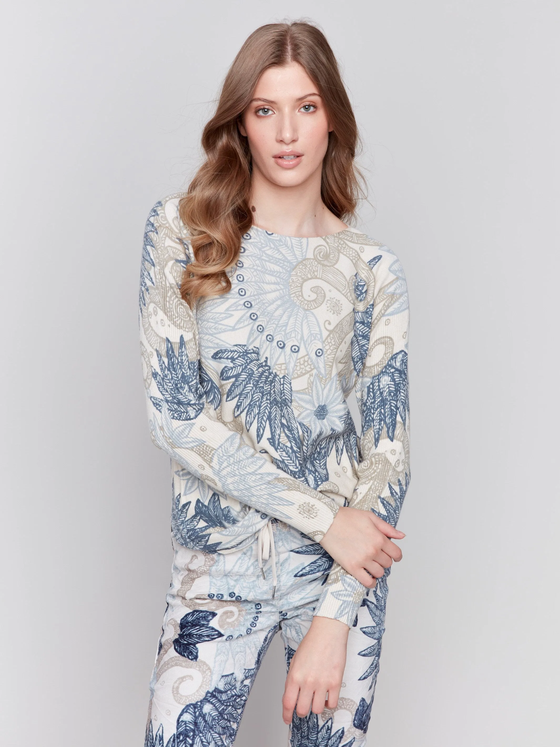 Printed Plush Knit Sweater - Feather