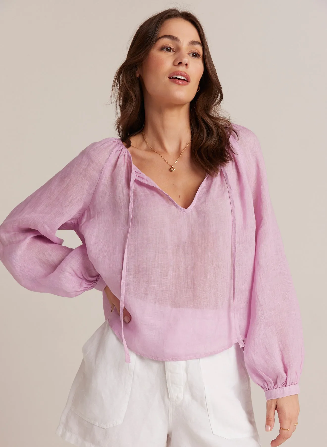 Shirred Linen Raglan Blouse - Light Orchid