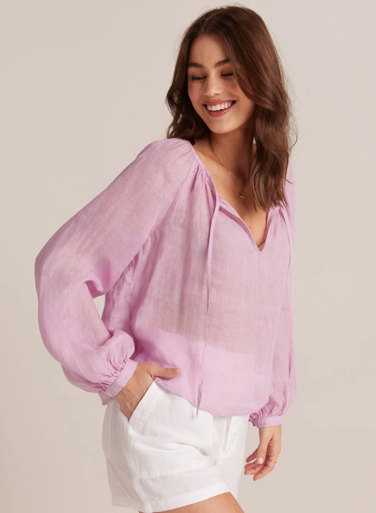 Shirred Linen Raglan Blouse - Light Orchid