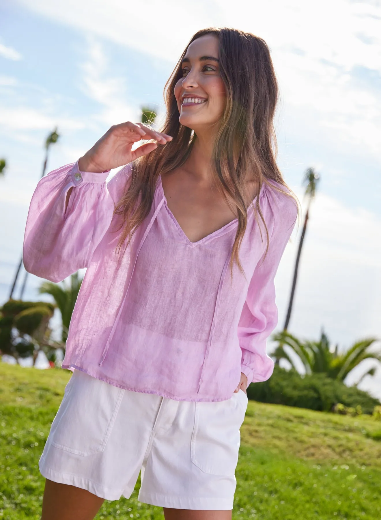 Shirred Linen Raglan Blouse - Light Orchid