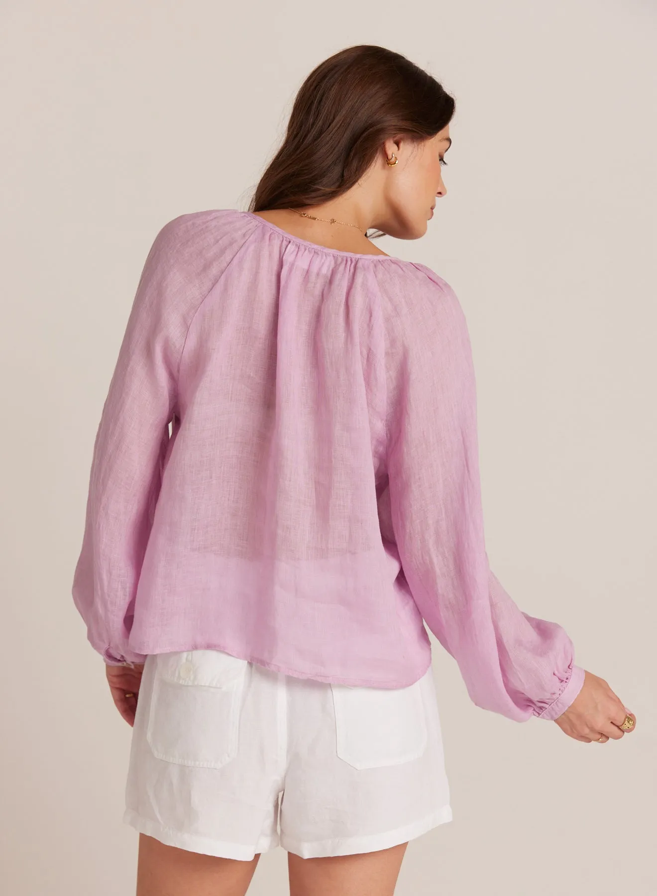 Shirred Linen Raglan Blouse - Light Orchid