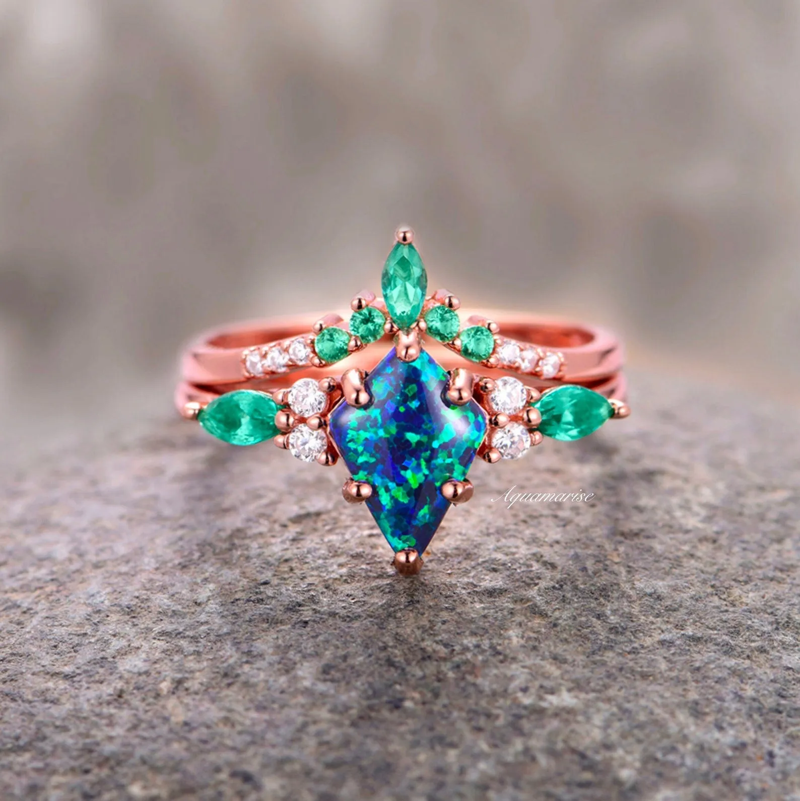 Skye Peacock Fire Opal & Emerald Couples Ring