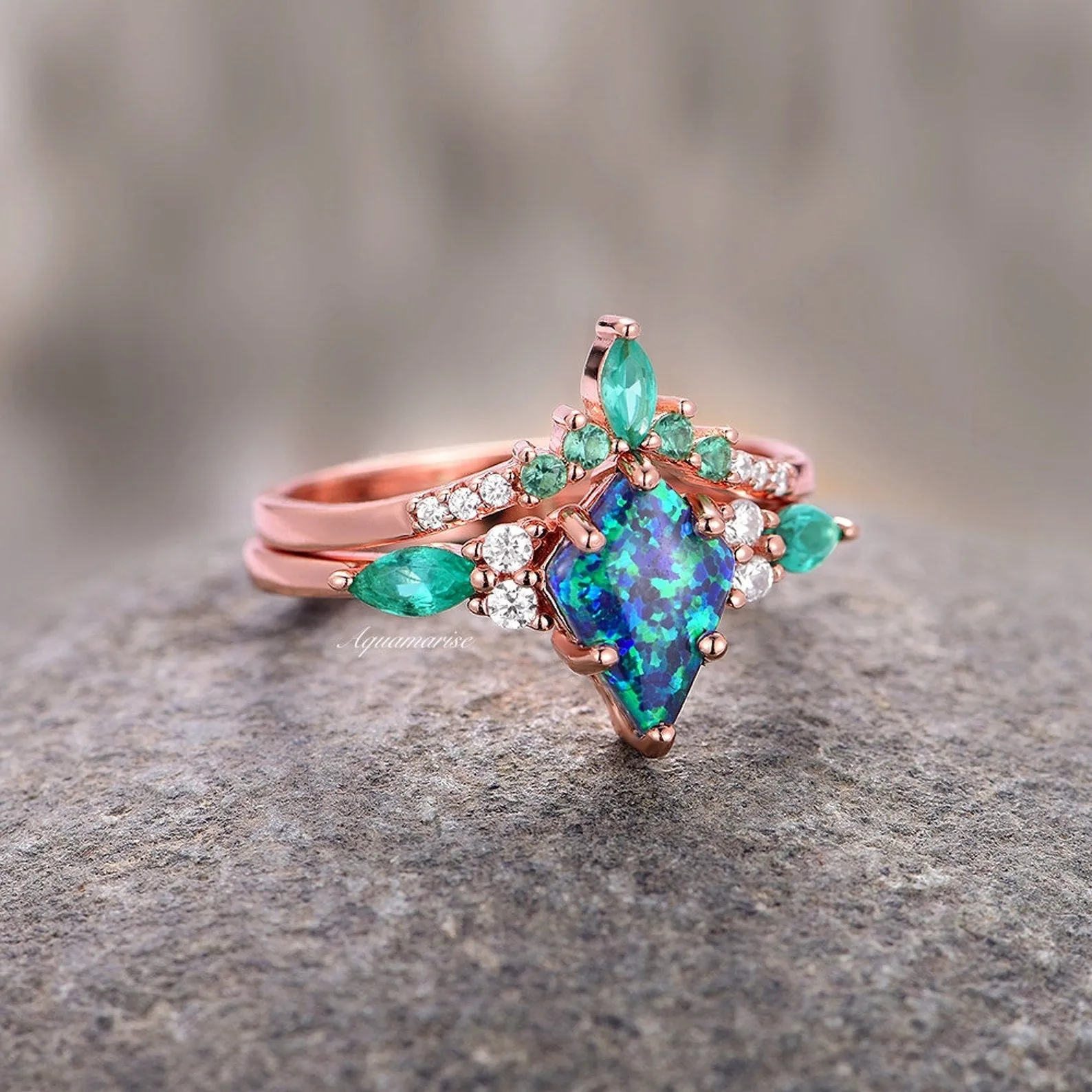 Skye Peacock Fire Opal & Emerald Couples Ring