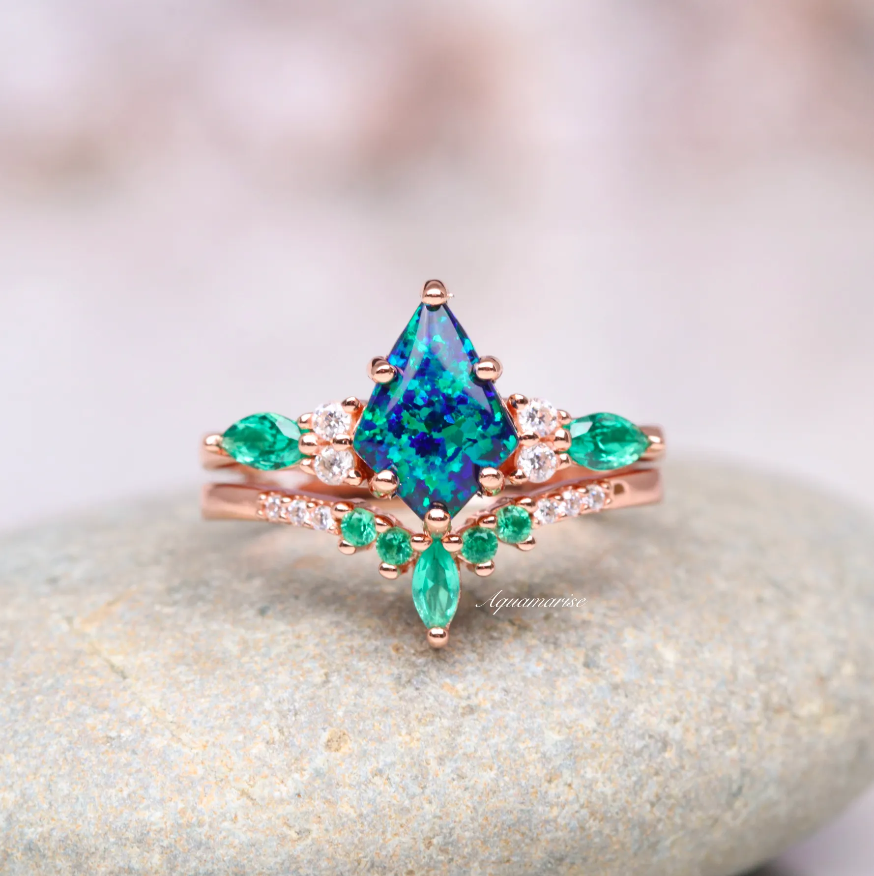 Skye Peacock Fire Opal & Emerald Couples Ring