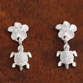 Sterling Silver 6mm Plumeria with CZ and Honu (Hawaiian Turtle) Post Earrings