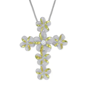 Sterling Silver with 14kt Yellow Gold Plated Accents Plumeria Cross Pendant Necklace, 16 2" Extender