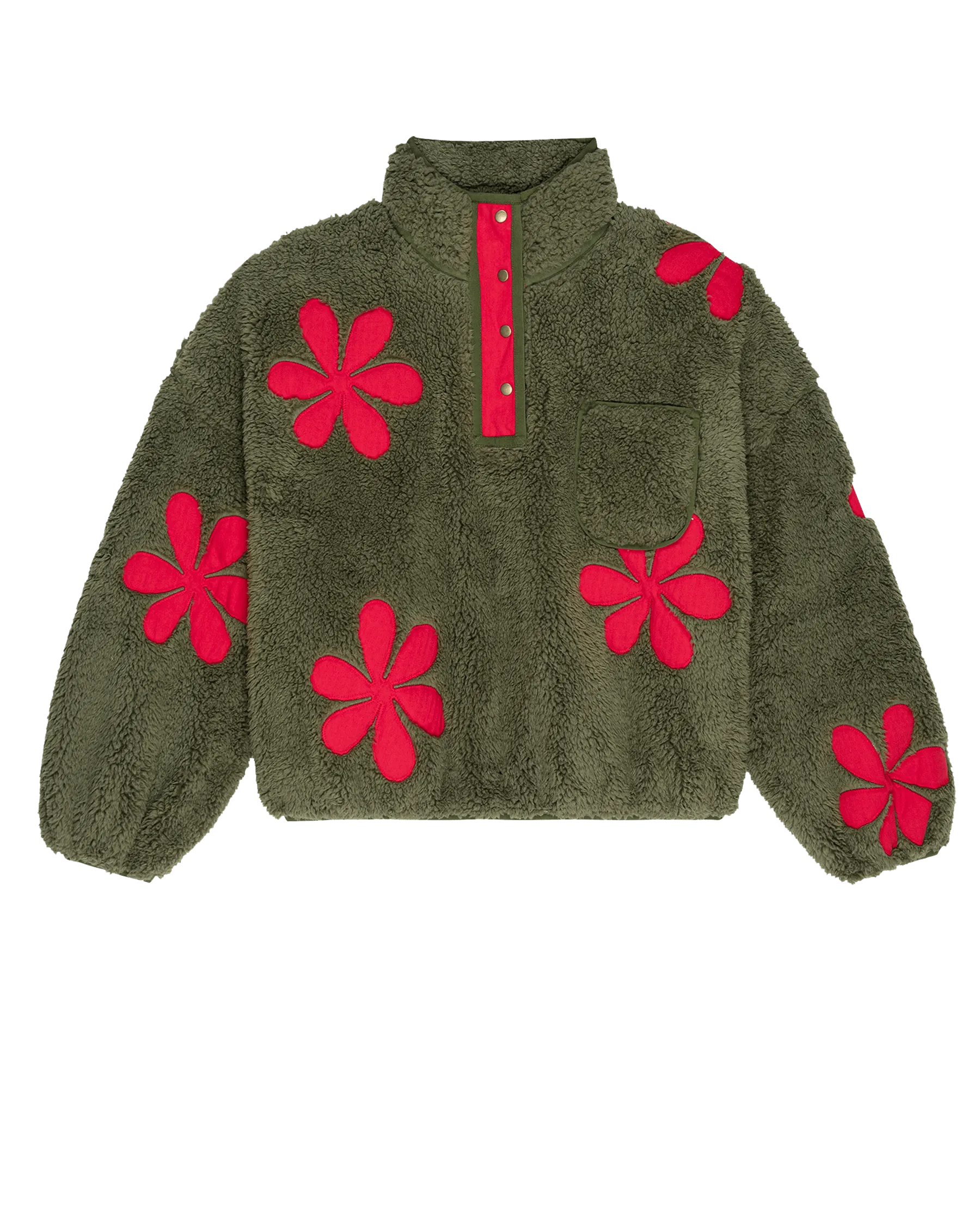 The Patch Pocket Countryside Pullover with Daisy Applique. -- Army with Hot Red