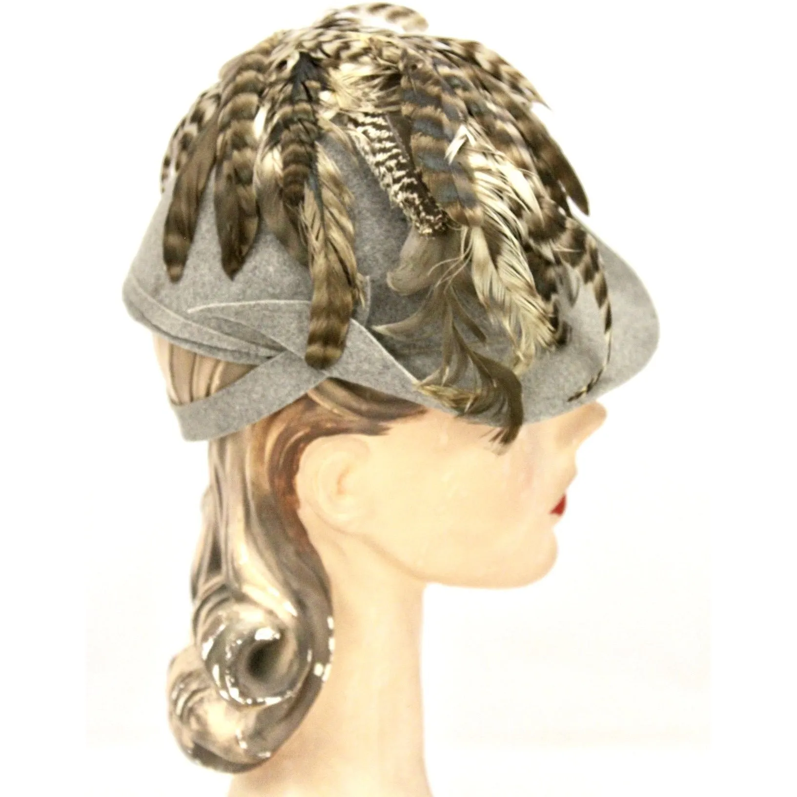 Vintage 1930s Knox  Cloche Hat Bird Head Pheasant Feathers Gray Felt XS Sherlock