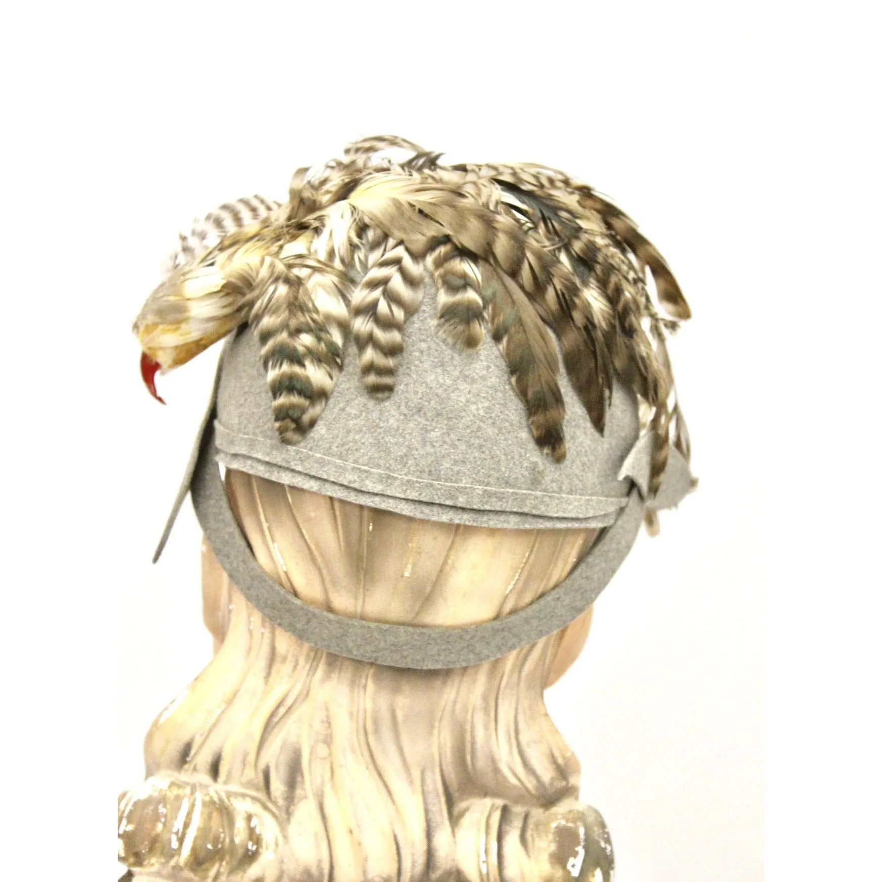 Vintage 1930s Knox  Cloche Hat Bird Head Pheasant Feathers Gray Felt XS Sherlock