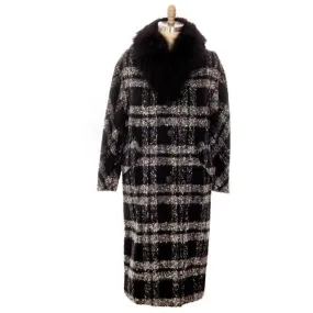 Vintage 1950s Coat Black & White Plaid Mohair Fur Trimmed Womens M