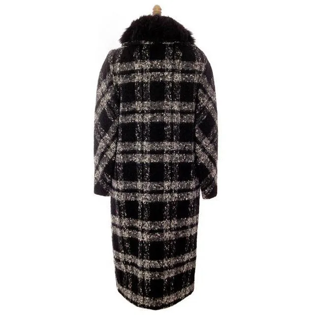 Vintage 1950s Coat Black & White Plaid Mohair Fur Trimmed Womens M