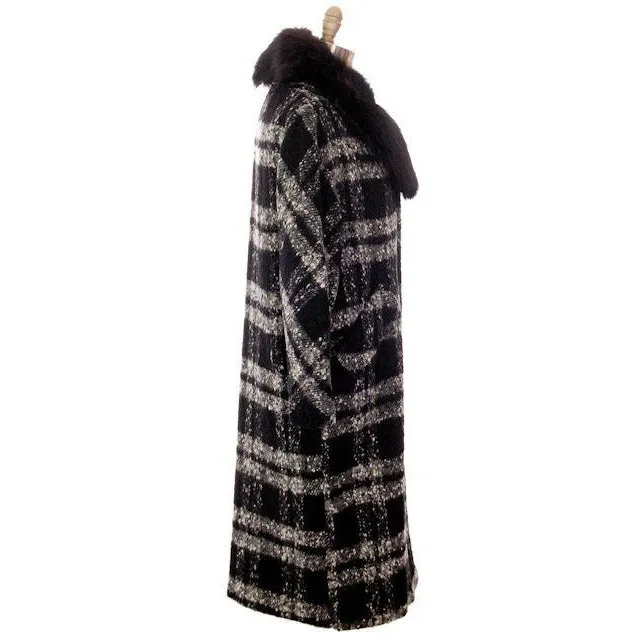 Vintage 1950s Coat Black & White Plaid Mohair Fur Trimmed Womens M