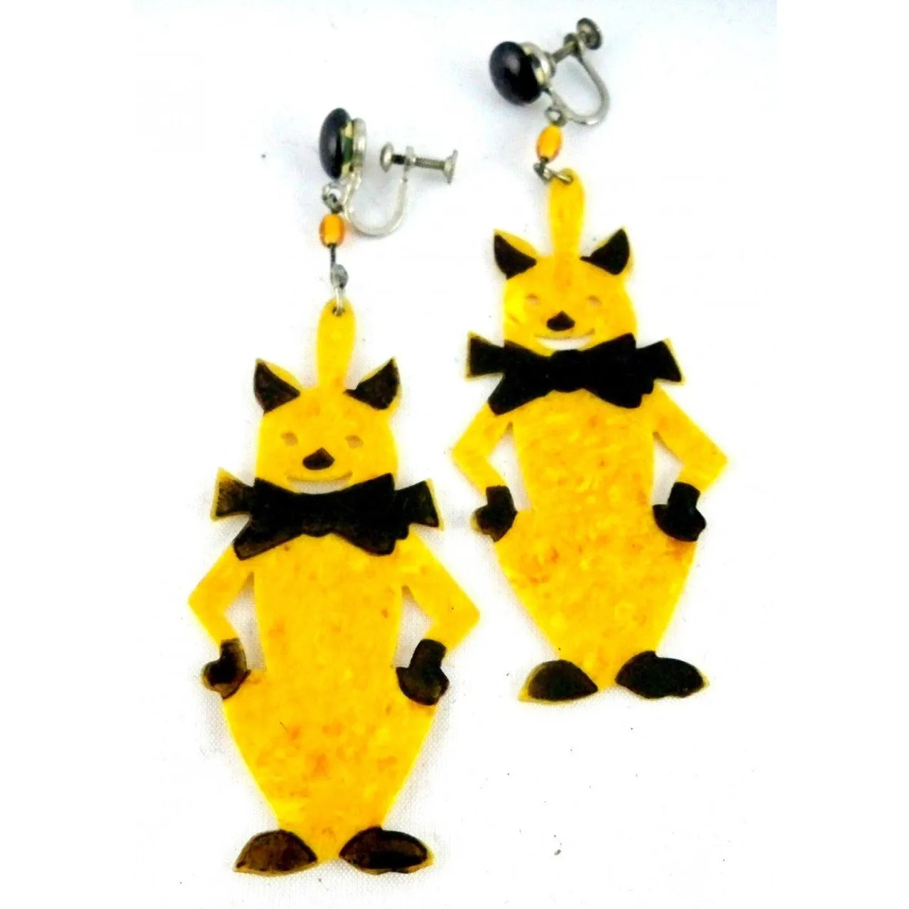 Vintage Art Deco Celluloid Cat Earrings Amber & Black 2 1/2"