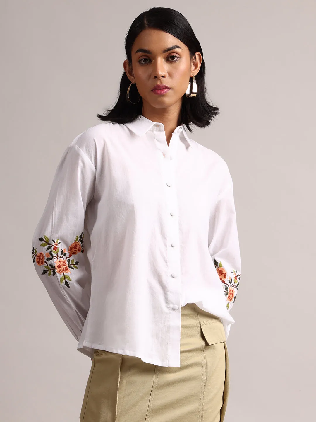 White Cotton Embroidered Puff Sleeve Shirt Style Top