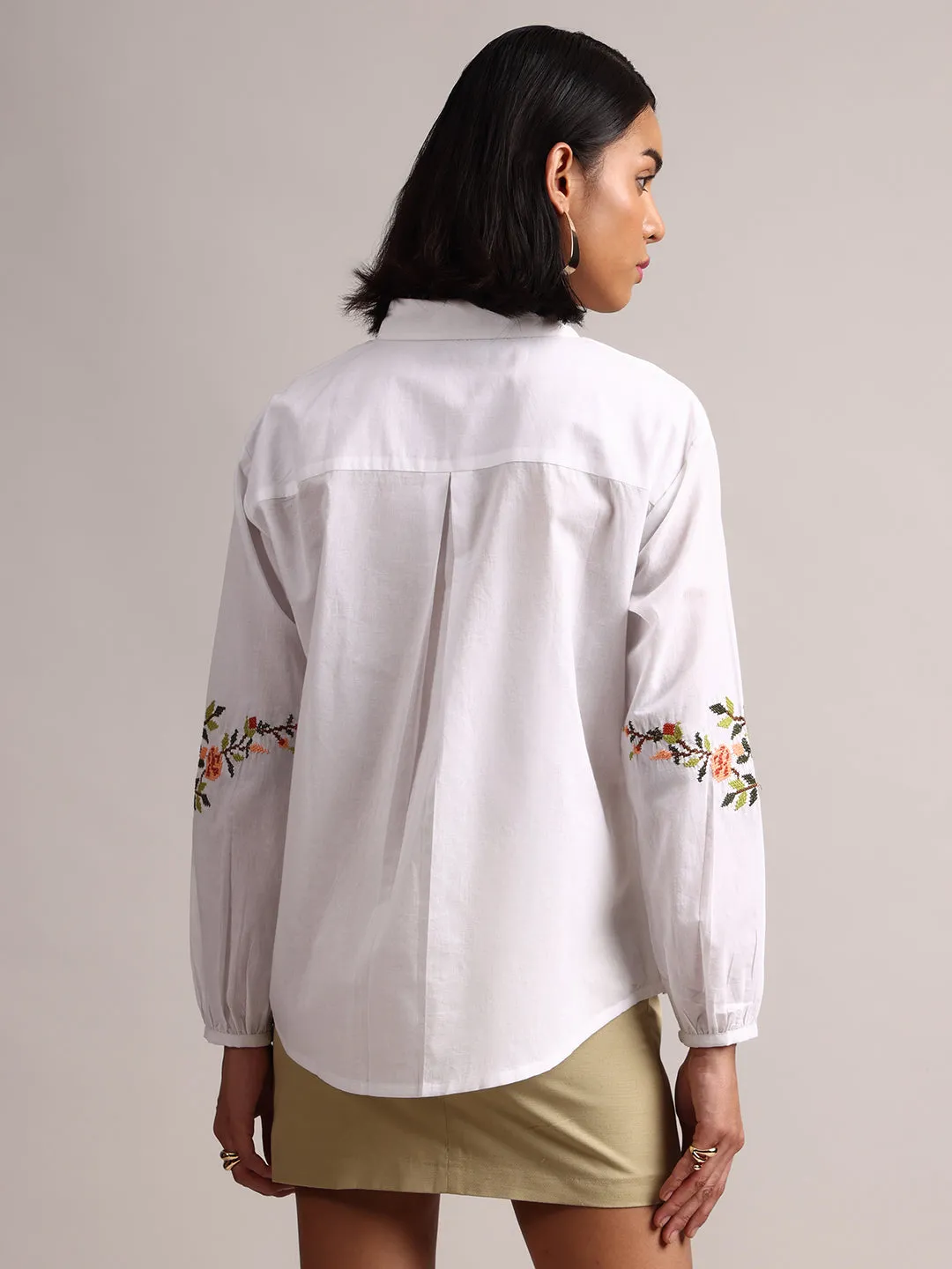 White Cotton Embroidered Puff Sleeve Shirt Style Top