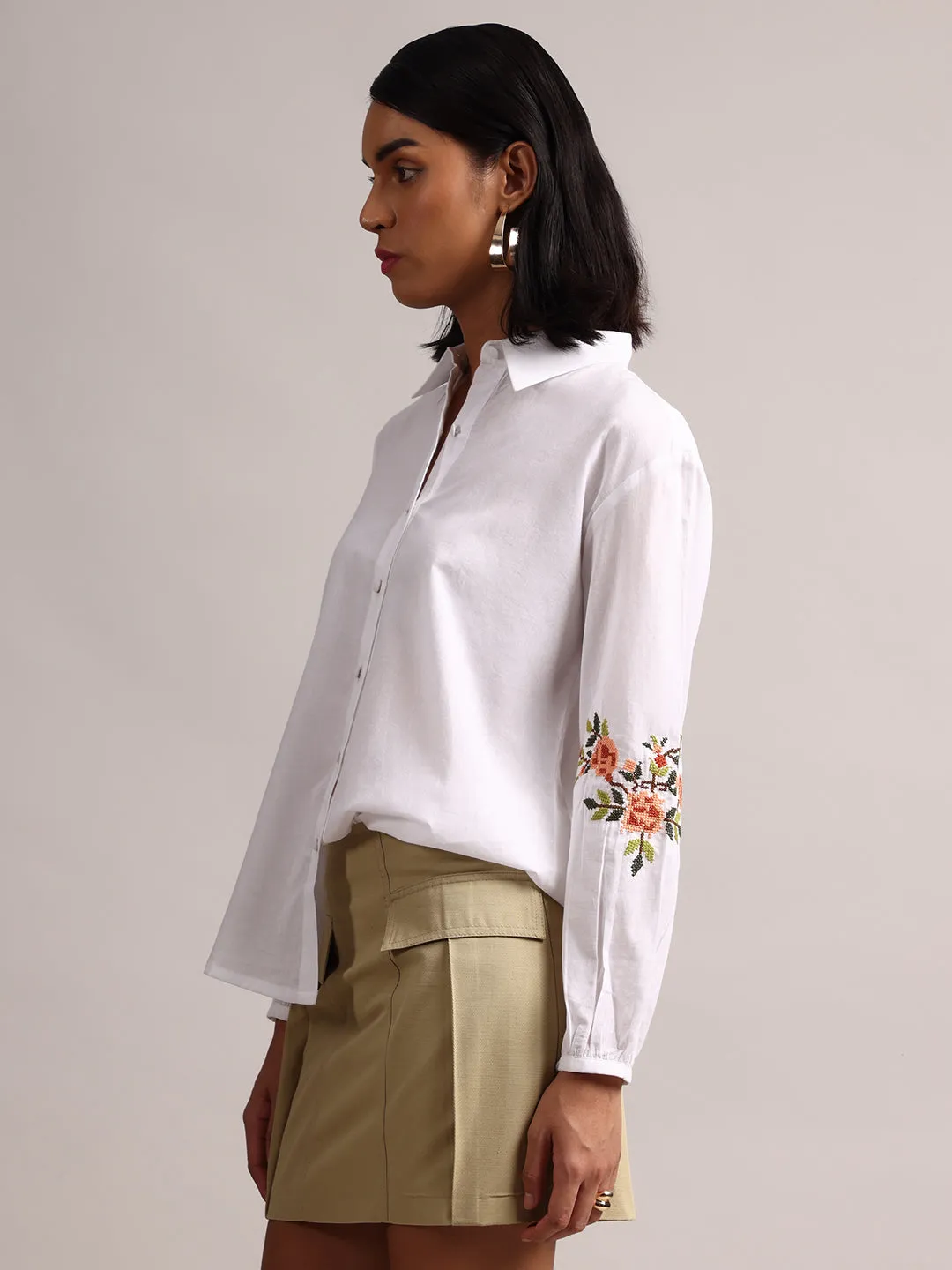 White Cotton Embroidered Puff Sleeve Shirt Style Top