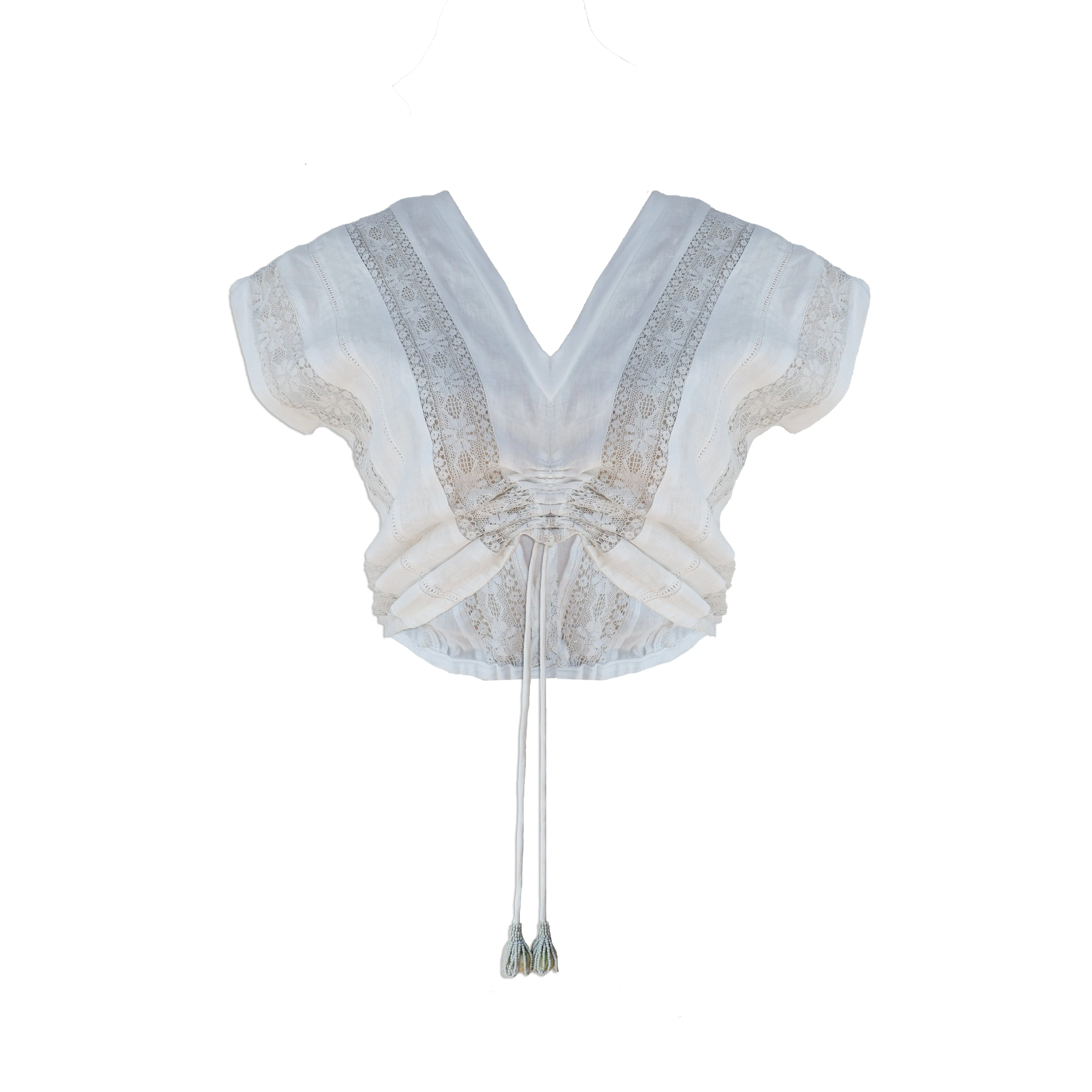 White Linen and Lace Ruched Front V Neck Top