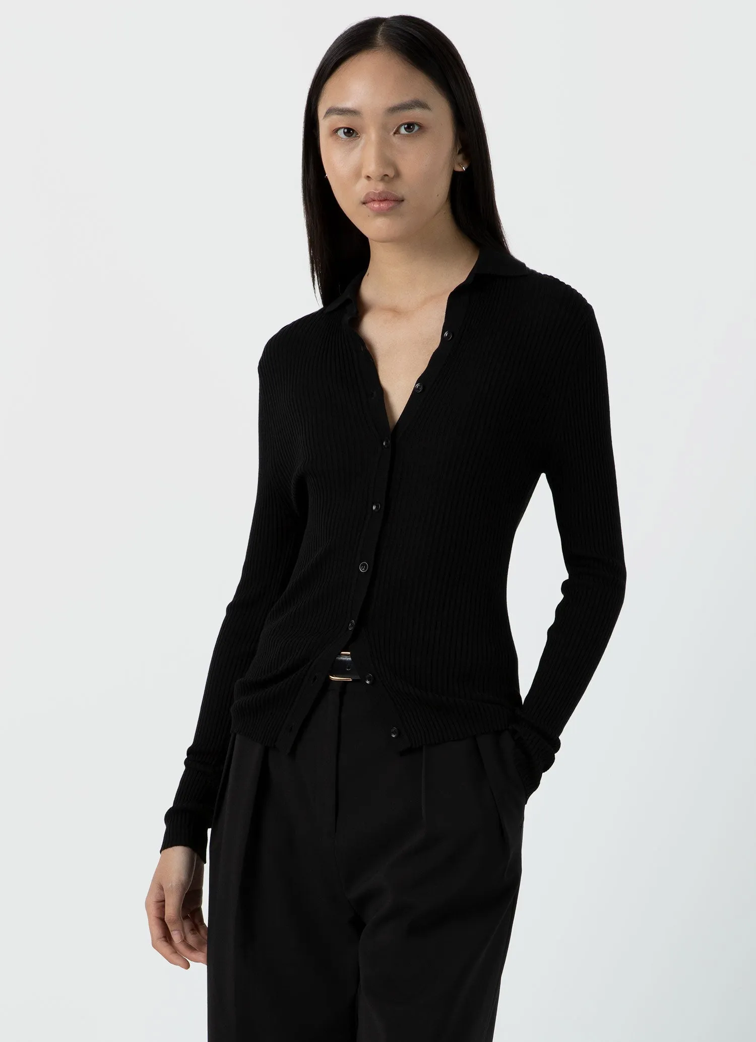 Women's Mulberry Silk Rib Cardigan in Black