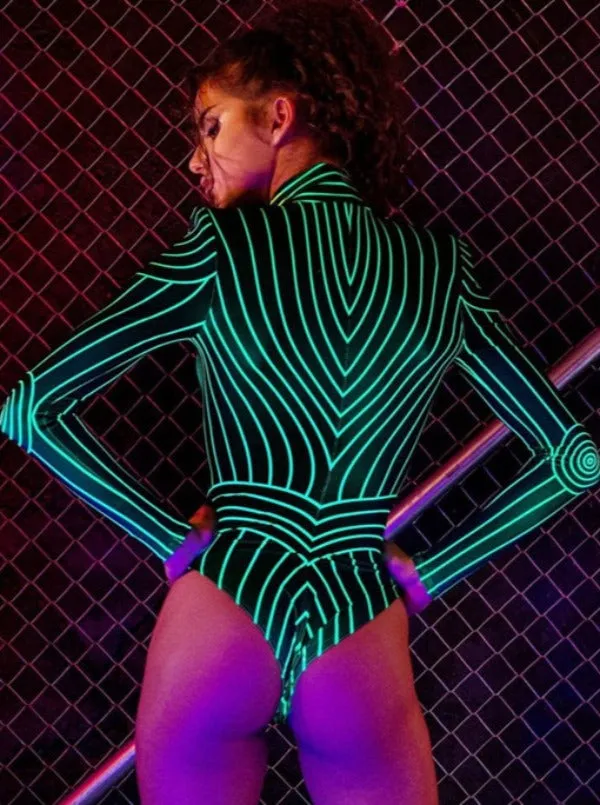 ZASUWA Female Contrast Color Fluorescent Stripes Bodysuit